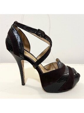 L.A.M.B. Brown Suede and Snakeskin Patent Platform Heels
